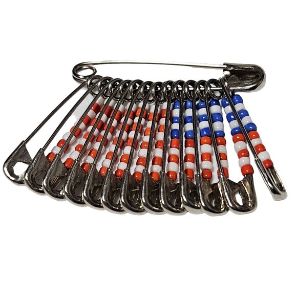 Handmade Patriotic American Flag Safety Pin Brooch Red White Blue Beads Jewelry - Picture 2 of 4